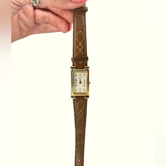 Elle White Dial old TONE Rectangle Case Brown Leather Band Watch - Picture 1 of 8